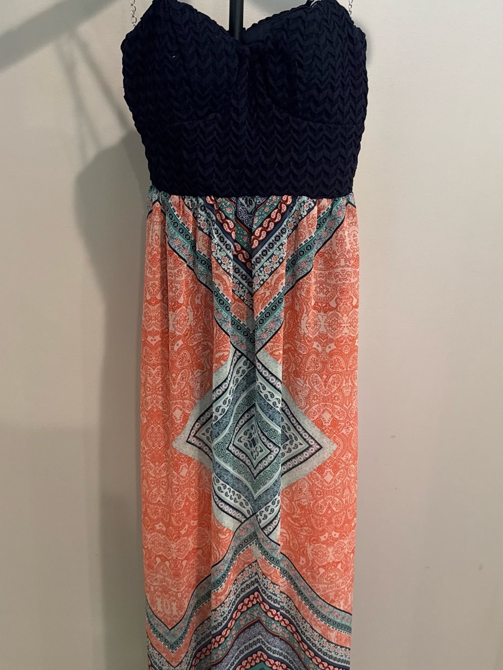 Trixxi Thin Strap Maxi Dress in Navy Bodice & Coral Printed Skirt Boho Coastal S